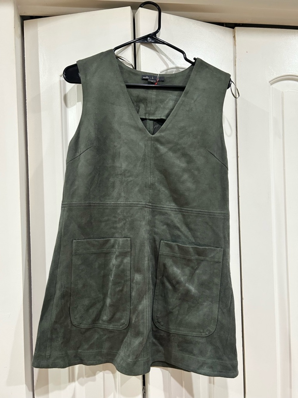 Faux Suede V-Neck Pinafore Dress in Olive Green